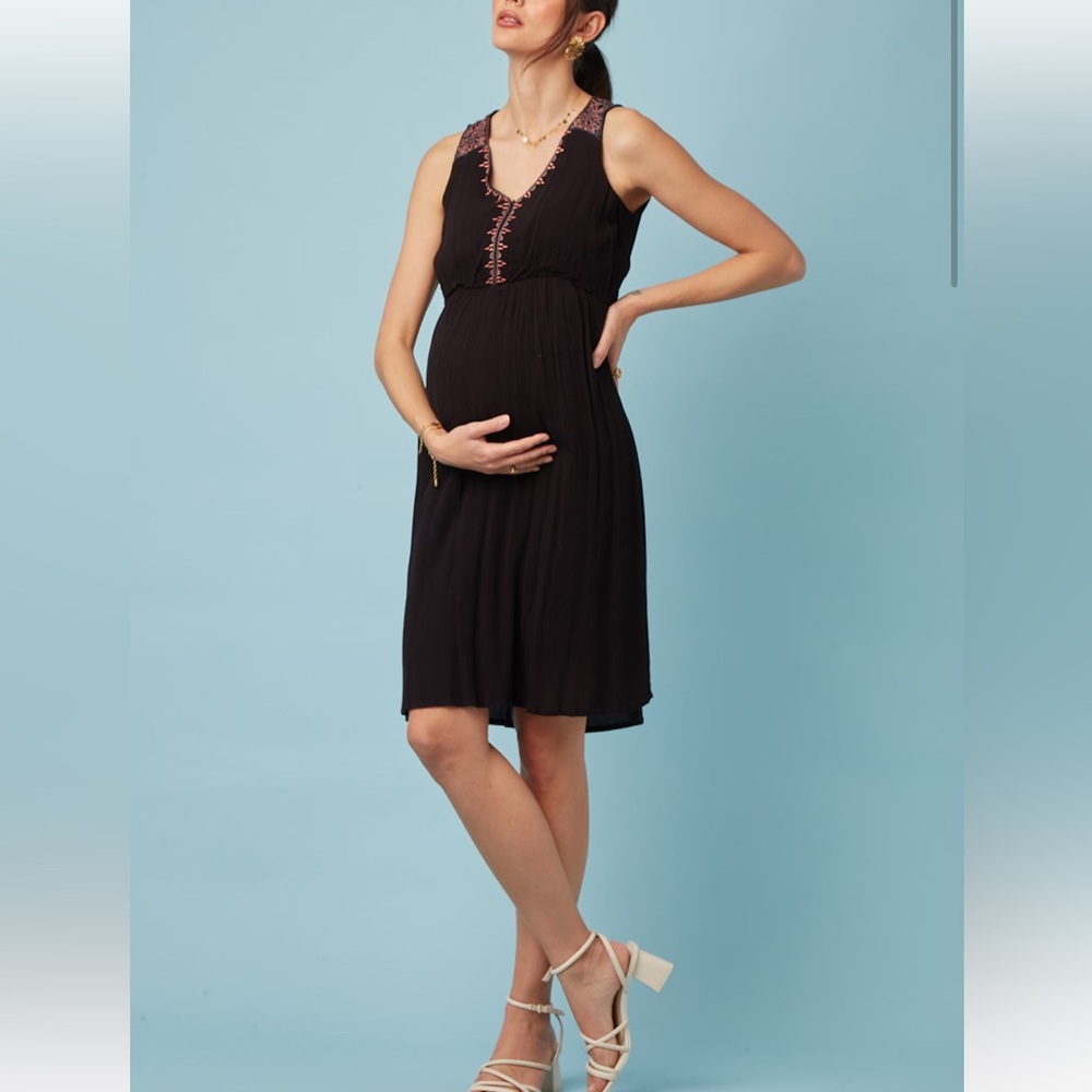 Seraphine Maternity/Nursing friendly Black Midi Dress with Orange Embroidery